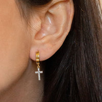 sleeper huggies with cross canada, 10k gold huggies, dangling crystal cross earrings, diamond dangling cross earrings mens