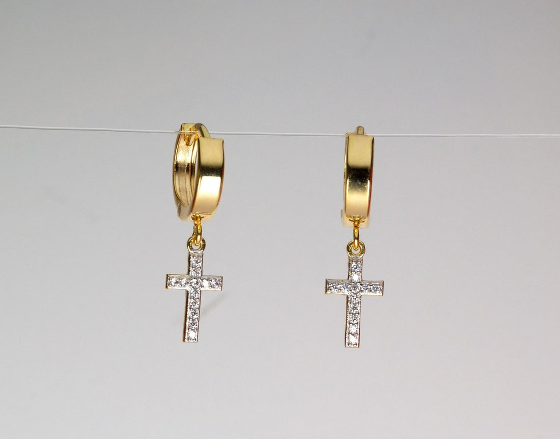 9ct gold sleeper earrings, sleeper earrings canada, dangling cross earrings gold, hoop earrings with a cross in the middle, cross huggie earrings, cross dangle earrings