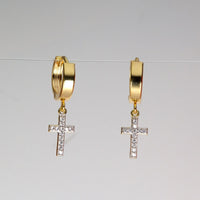 9ct gold sleeper earrings, sleeper earrings canada, dangling cross earrings gold, hoop earrings with a cross in the middle, cross huggie earrings, cross dangle earrings