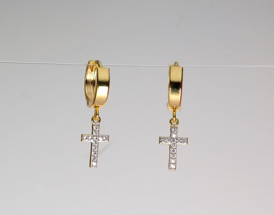 9ct gold sleeper earrings, sleeper earrings canada, dangling cross earrings gold, hoop earrings with a cross in the middle, cross huggie earrings, cross dangle earrings