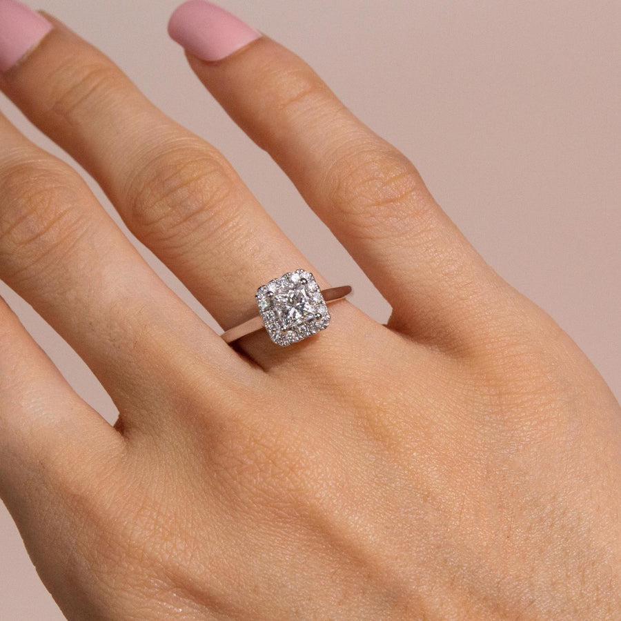 white gold square halo engagement rings, square halo engagement rings on hand