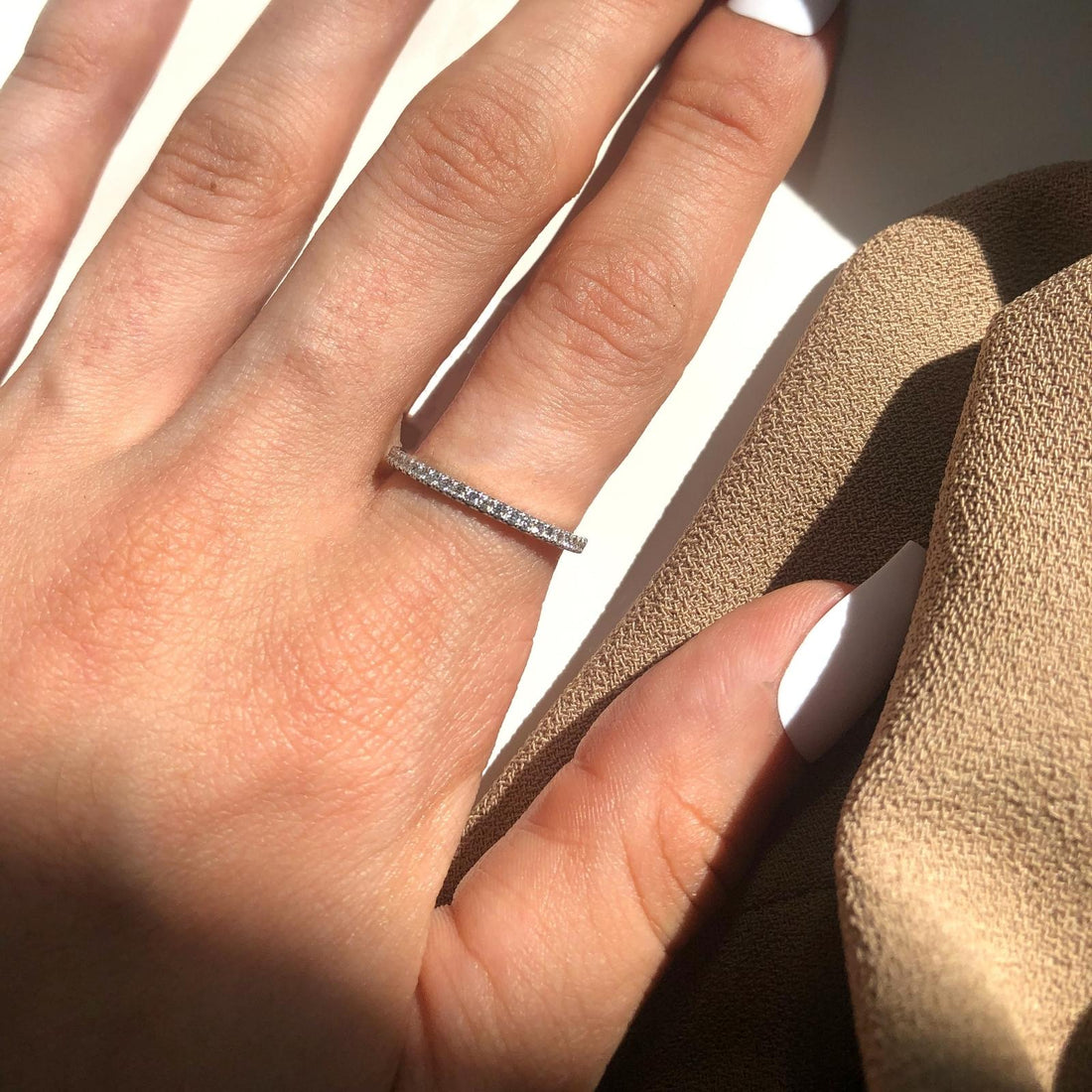 thin rose gold wedding band, micro pave half eternity ring band