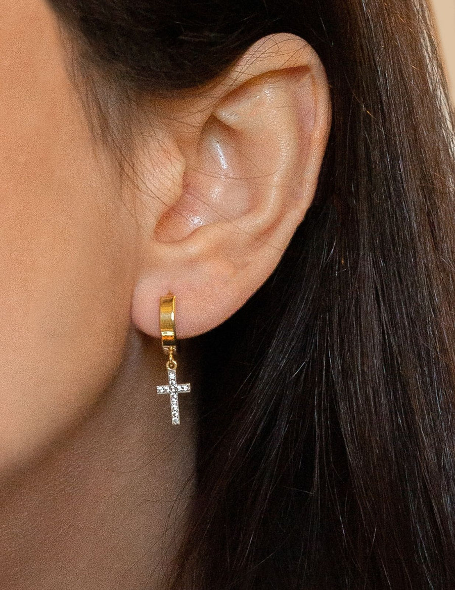 sleeper huggies with cross canada, 10k gold huggies, dangling crystal cross earrings, diamond dangling cross earrings mens