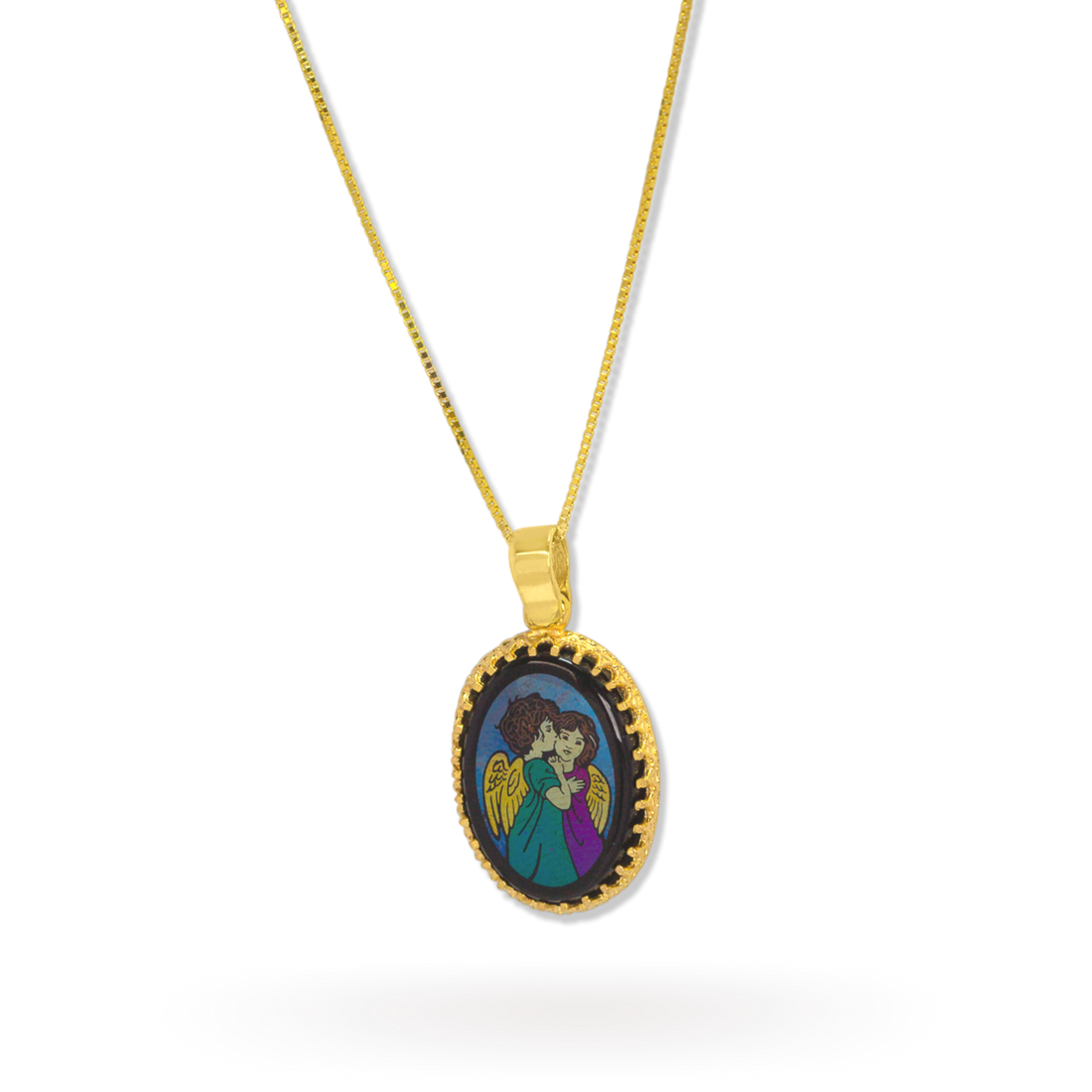 Kissing Angels Pendant | 10k Gold, Onyx | 16-26"