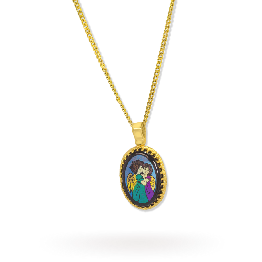 Kissing Angels Pendant | 10k Gold, Onyx | 16-26"