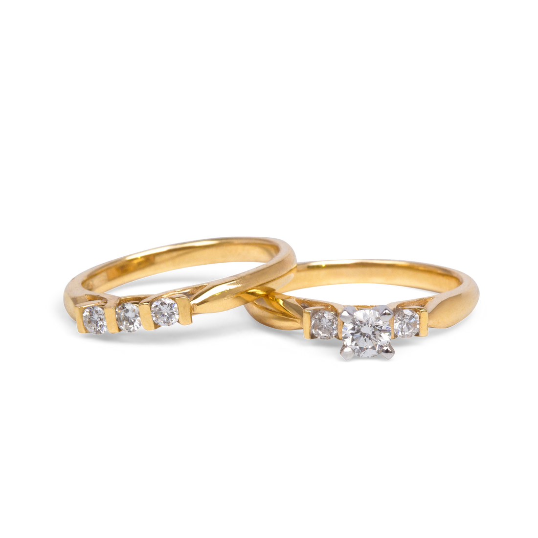 three diamond engagement ring with wedding band
