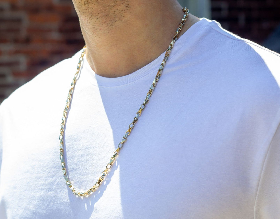 Men's Solid Gold Chain Fancy, White Gold Colour Gold Chain, two colour link chain gold solid, solid gold fancy chain Canada